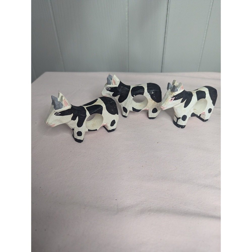 3 lot wood‎ painted cow black white napkin ring holders
